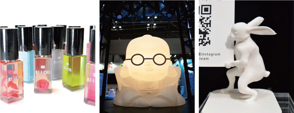 3Dプリンター造形物 左から マニキュアモックアップ、福助のなかにライトがしこまれたオブジェ 鳥獣戯画のうさぎのオブジェ