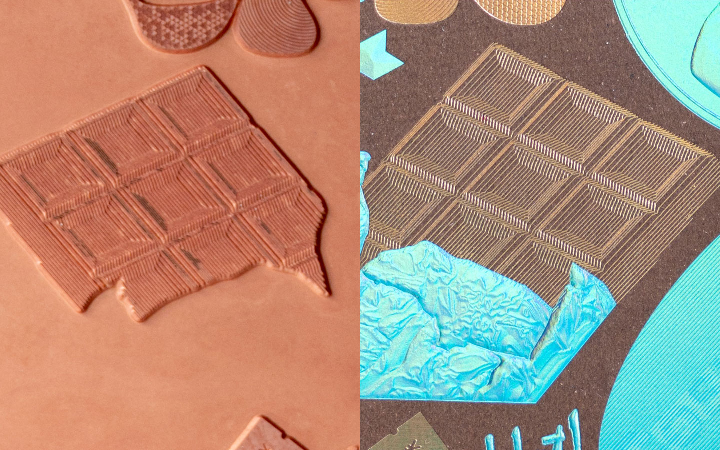 チョコの絵柄の版と箔押しされた印刷物