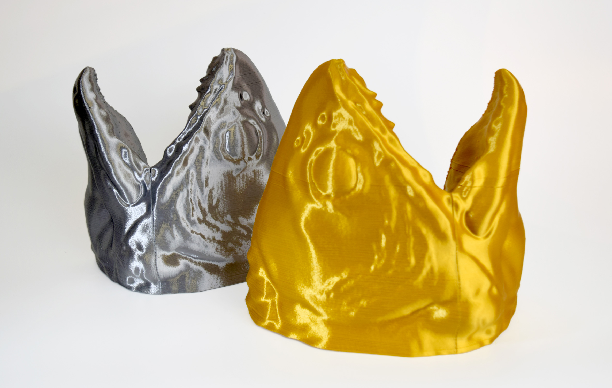 金色と銀色のフィラメントで製造された3Dプリンター製シーラカンス頭部
